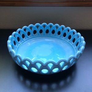 Vintage Pastel blue open lace milk glass dish